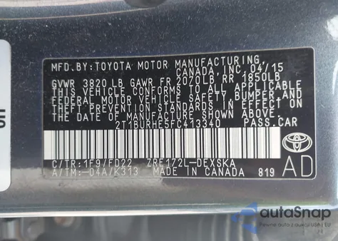 2015 Toyota Corolla S Plus из США, поврежденный, VIN 2T1BURHE5FC413340